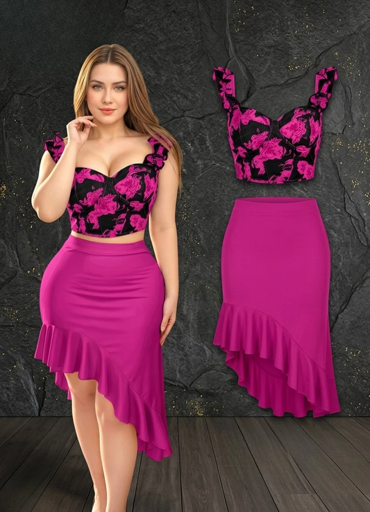 Black and hot pink floral crop top with ruffle shoulder straps and a hot pink high-low ruffled skirt
Size: Free size from 60 to 80