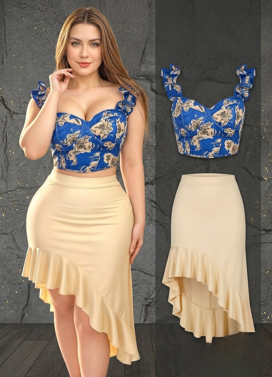 Blue floral crop top with ruffle shoulder straps and a beige high-low ruffled skirt
Size: Free size from 60 to 80